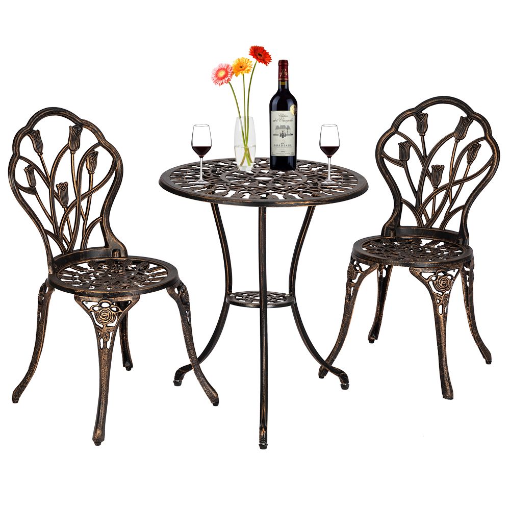 European Style Cast Aluminum Outdoor 3 Piece Tulip Bistro Set of Table and Chairs Bronze