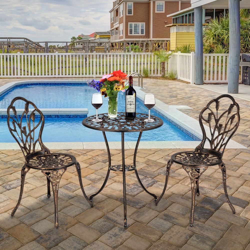 European Style Cast Aluminum Outdoor 3 Piece Tulip Bistro Set of Table and Chairs Bronze