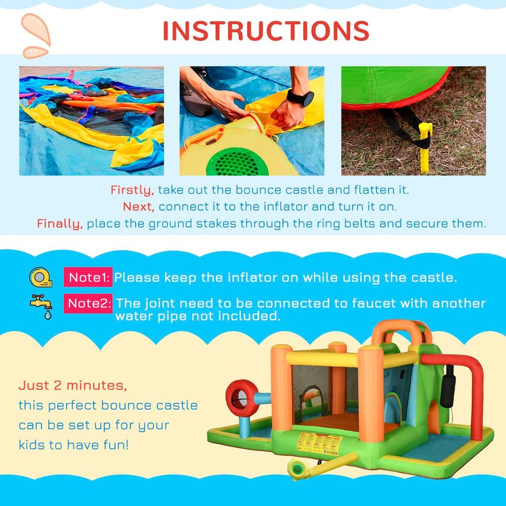 Outsunny 7 in 1 Kids Bouncy Castle Water Slide w/ Pool, Air Blower, Patches