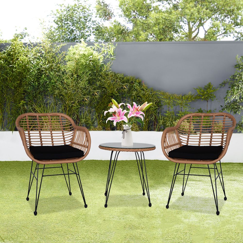 Oshion 3 pcs Wicker Rattan Patio Conversation Set with Tempered Glass Table Flaxen Yellow